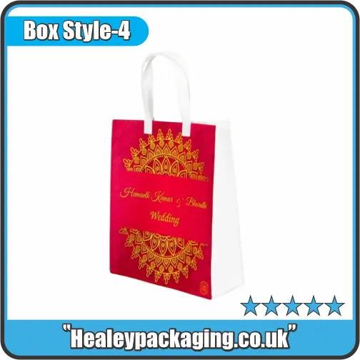 Elegant red and white wedding gift bag featuring gold mandala artwork and white handles.