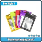 Assorted coloured mylar pouches with clear front windows, shown in a fan arrangement.