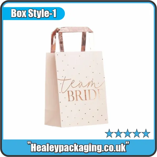 White ‘Team Bride’ gift bag with rose-gold handles and elegant print