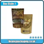 Tiki-themed cannabis mylar bag with a shaped window showing product inside