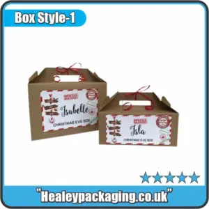Personalised brown Christmas Eve boxes with red ribbons and festive name tags for children.