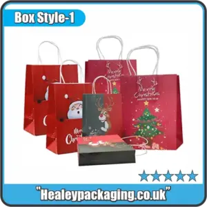Assorted Christmas gift bags featuring festive prints, including Santa, reindeer, snowman, and Christmas tree designs with white twist handles.
