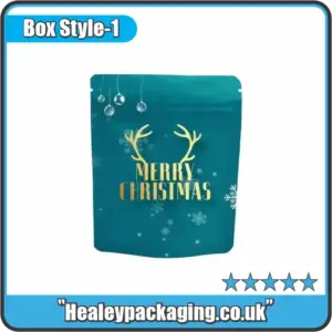 Teal Christmas mylar pouch with gold “Merry Christmas” text and antler design.