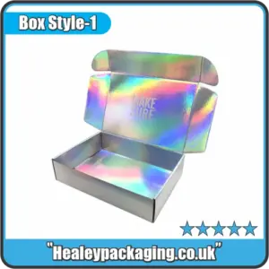 Shiny holographic mailer box with hinged lid, ideal for luxury product packaging.