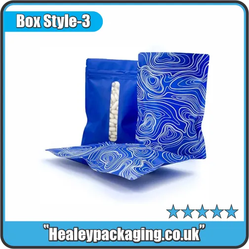 Blue contour-pattern cannabis mylar bags with resealable zip and glossy finish.