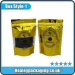 Gold foil stand-up mylar bags with clear window for tea or coffee packaging