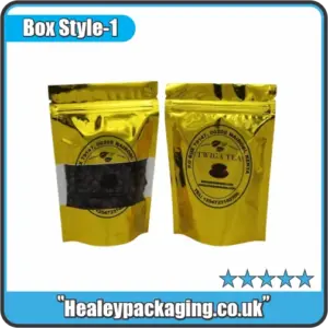 Gold foil stand-up mylar bags with clear window for tea or coffee packaging