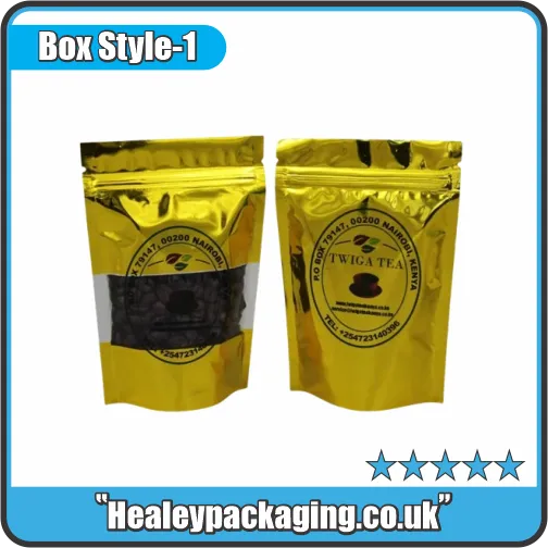 Gold foil stand-up mylar bags with clear window for tea or coffee packaging
