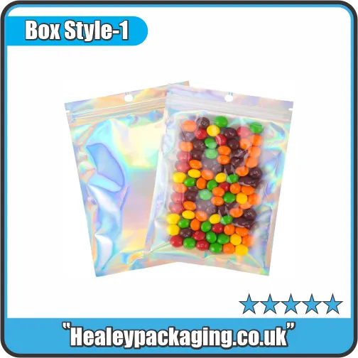 Iridescent resealable Mylar bags filled with colourful sweets.