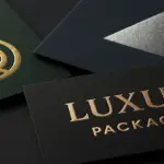 Close-up of luxury packaging cards with gold and silver foil stamping on matte paper, showcasing premium print finishes and metallic shine.