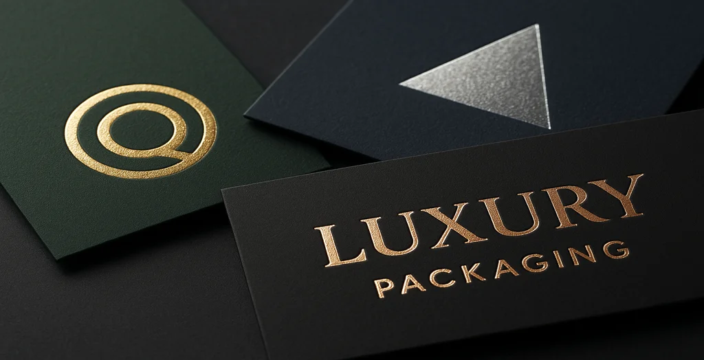 Close-up of luxury packaging cards with gold and silver foil stamping on matte paper, showcasing premium print finishes and metallic shine.