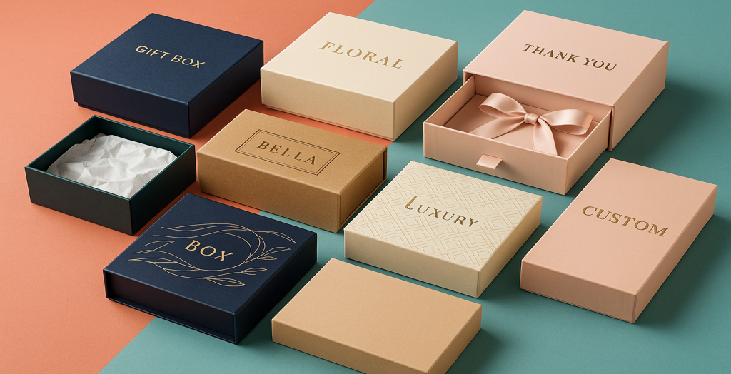 Collection of luxury custom gift boxes in elegant colors and finishes, including ribboned, embossed, and foil-stamped designs