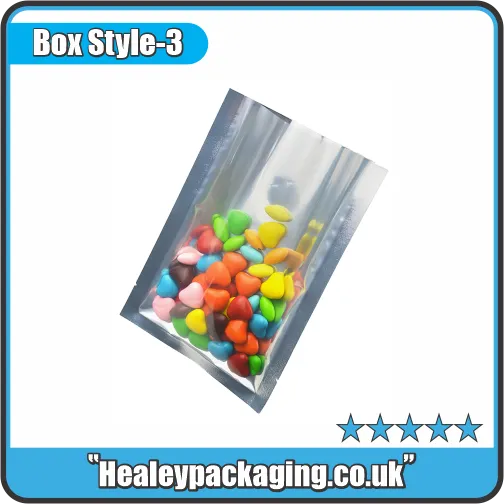 Silver transparent Mylar bag showing assorted heart-shaped sweets inside.