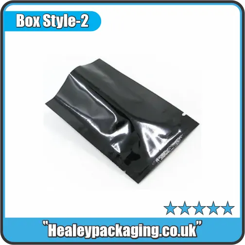 Glossy black Mylar pouch with heat-seal closure.