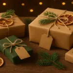 Eco-friendly Christmas gift boxes wrapped in kraft paper and fabric, decorated with twine, dried orange slices, and pine branches for a sustainable festive look.