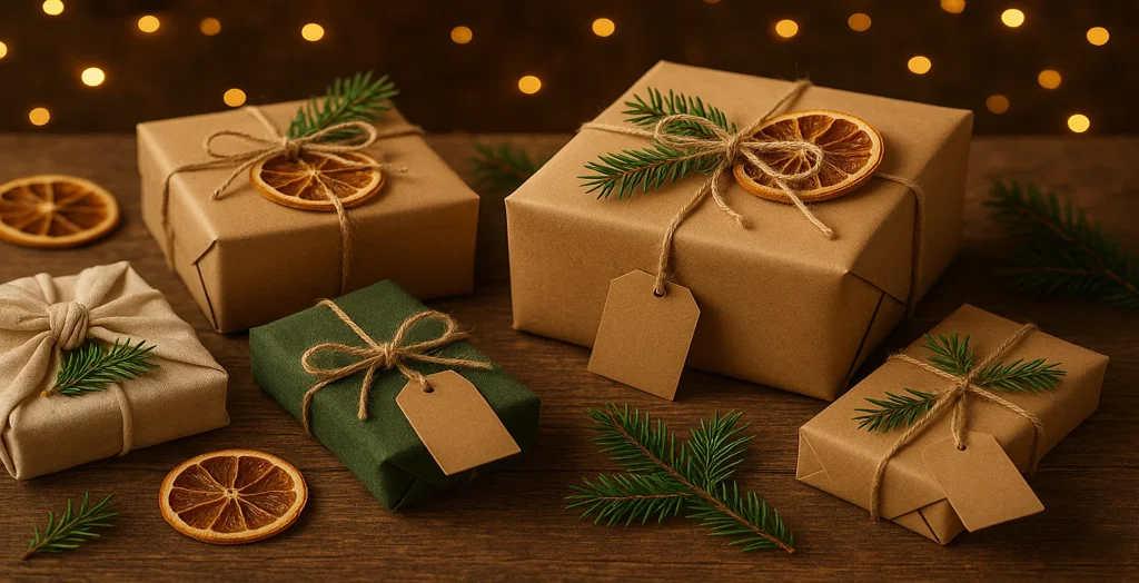 Eco-friendly Christmas gift boxes wrapped in kraft paper and fabric, decorated with twine, dried orange slices, and pine branches for a sustainable festive look.