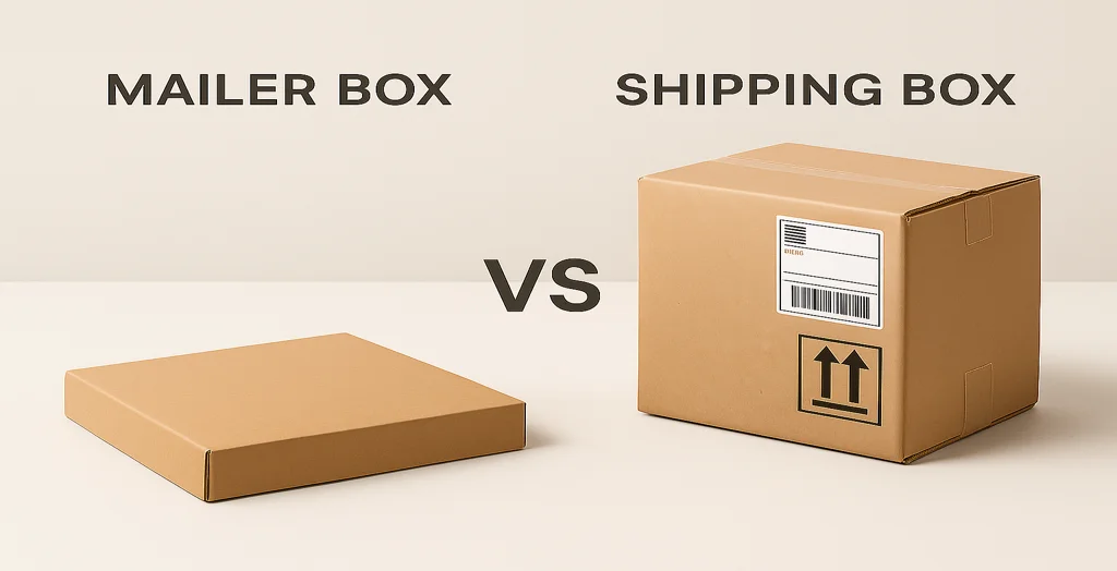 Side-by-side comparison of a flat mailer box and a large shipping box, showing the difference between mailer box vs shipping box for eCommerce packaging.