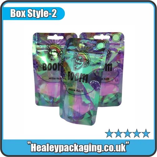 Colourful holographic cannabis mylar bags with Boom branding, standing upright