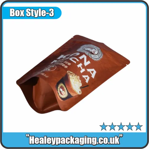 Brown printed mocha coffee pouch with resealable stand-up design