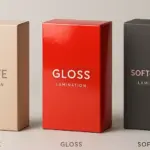 Three packaging boxes demonstrating lamination finishes, from left to right: matte (beige), gloss (red with high shine), and soft-touch (charcoal), on a clean studio background
