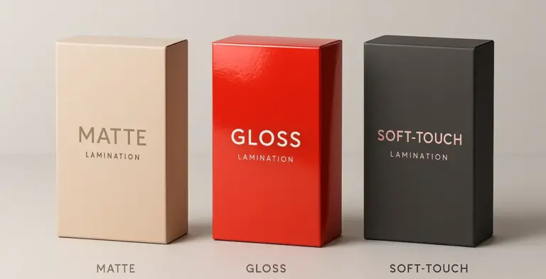 Three packaging boxes demonstrating lamination finishes, from left to right: matte (beige), gloss (red with high shine), and soft-touch (charcoal), on a clean studio background