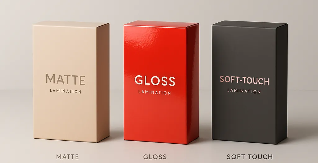 Three packaging boxes demonstrating lamination finishes, from left to right: matte (beige), gloss (red with high shine), and soft-touch (charcoal), on a clean studio background