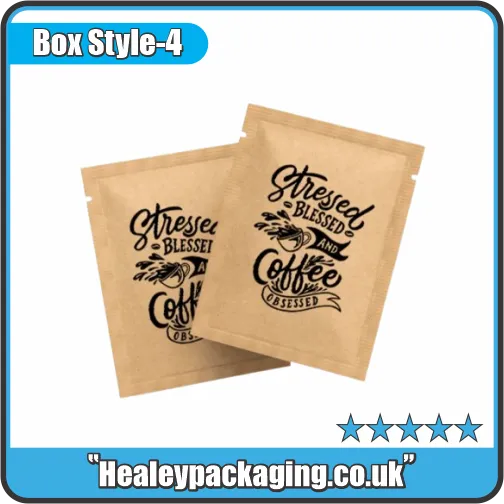 Kraft paper coffee pouches with ‘Stressed Blessed and Coffee Obsessed’ design