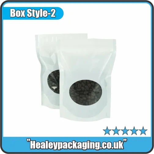 White stand-up mylar bags with oval transparent windows for coffee beans