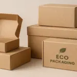 Eco-friendly cardboard packaging boxes made from kraft material, including recycled mailer boxes and sustainable packaging options displayed on a neutral background.