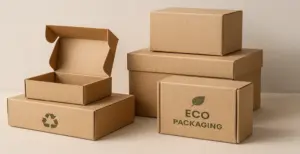 Eco-friendly cardboard packaging boxes made from kraft material, including recycled mailer boxes and sustainable packaging options displayed on a neutral background.