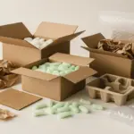 Eco-friendly protective packaging materials including cardboard boxes, crumpled kraft paper, packing peanuts, bubble wrap, and molded pulp trays arranged in a studio setup