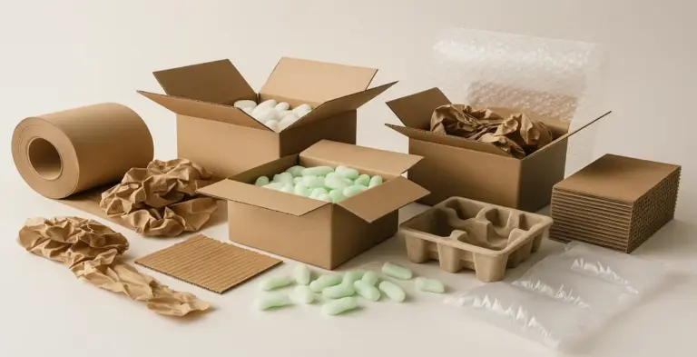 Eco-friendly protective packaging materials including cardboard boxes, crumpled kraft paper, packing peanuts, bubble wrap, and molded pulp trays arranged in a studio setup