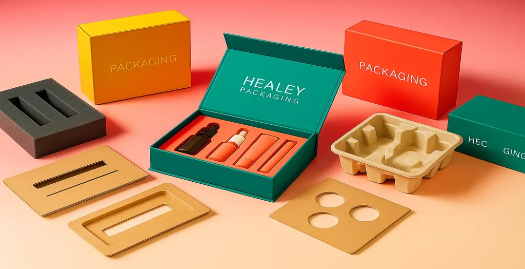 Different types of packaging inserts including foam, molded pulp, and die-cut cardboard trays displayed with custom product boxes for secure and premium unboxing.