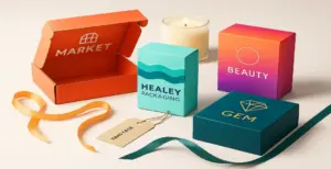 Colourful custom packaging boxes including beauty, market, gem, and Healey Packaging designs displayed with ribbons and candle on a clean studio background.