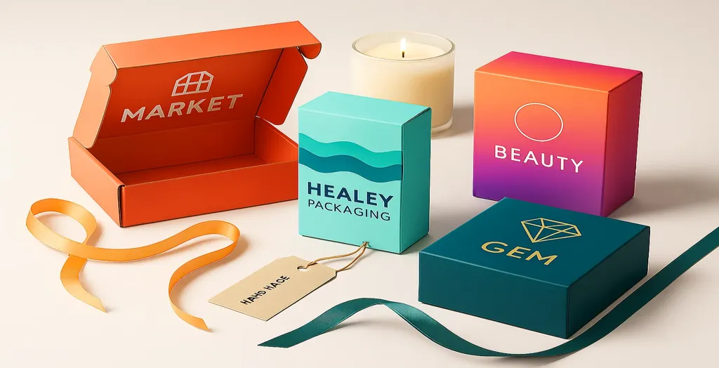 Colourful custom packaging boxes including beauty, market, gem, and Healey Packaging designs displayed with ribbons and candle on a clean studio background.