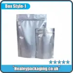 Silver mylar bags in two sizes with resealable zip closure, suitable for food and product storage.
