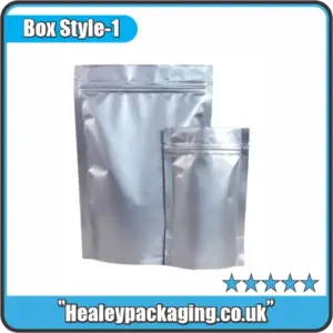 Silver mylar bags in two sizes with resealable zip closure, suitable for food and product storage.