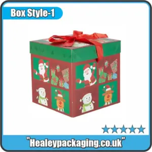 Christmas gift box with lid and ribbon, featuring festive printed designs for seasonal gift packaging.