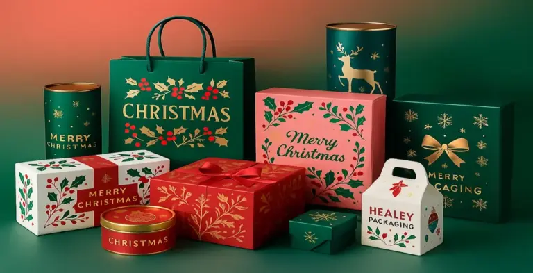 Festive Christmas packaging boxes and gift tins in red, green, and gold with holiday-themed designs including holly, snowflakes, ribbons, and decorative patterns.