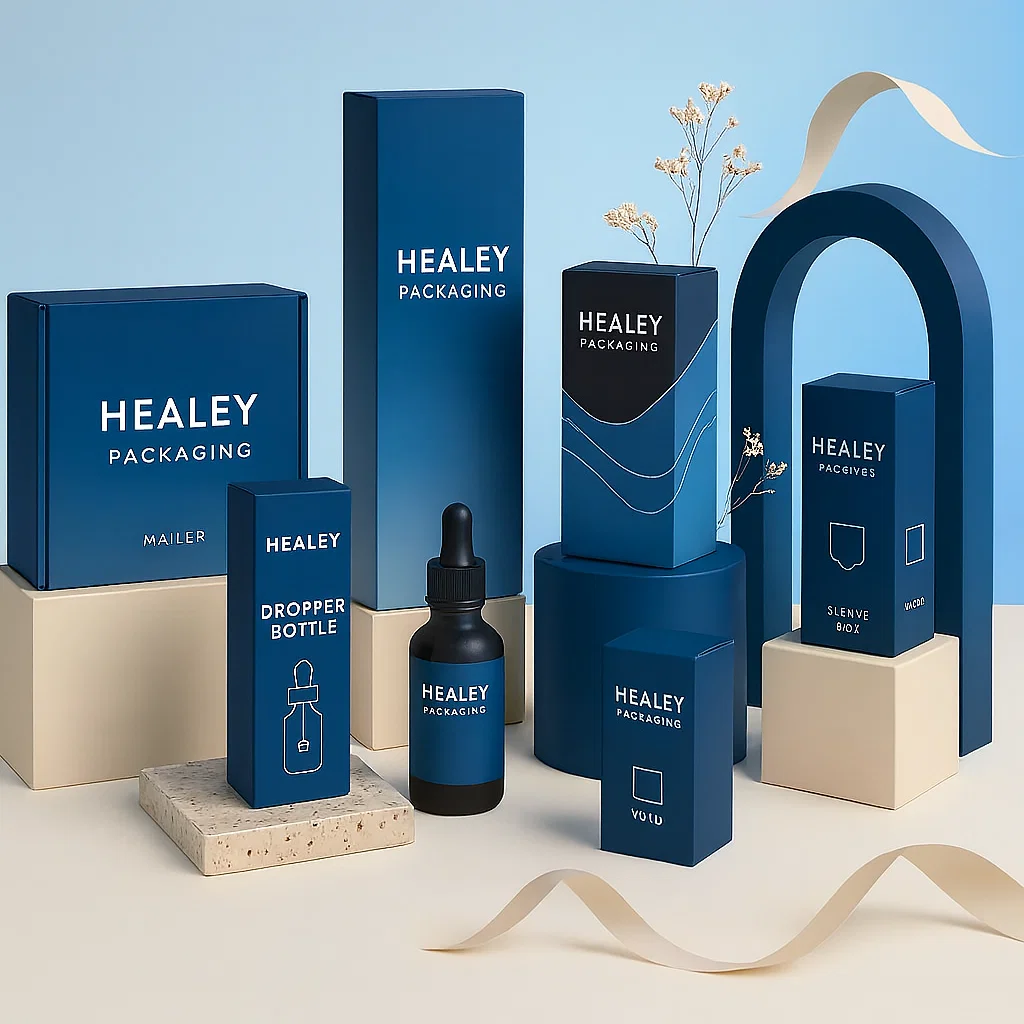 Healey Packaging boxes and dropper bottle arranged on geometric podiums in a modern studio setting