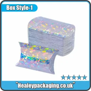 Pack of holographic pillow boxes with reflective prism pattern.
