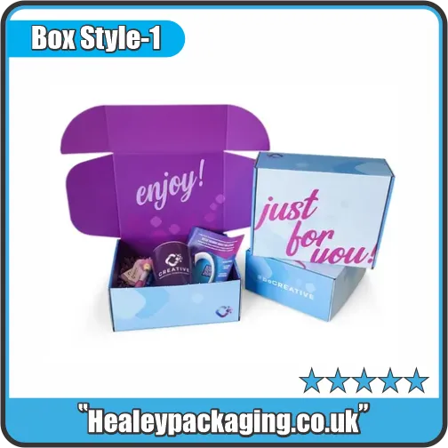 Printed subscription-style mailer box with hinged lid, open to display assorted branded items inside