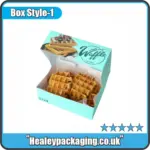 Branded waffle takeaway box with open lid and waffles inside