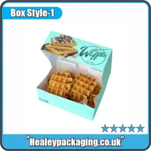 Branded waffle takeaway box with open lid and waffles inside