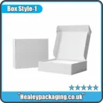 White mailer box with open flap showing sturdy internal space for product packing