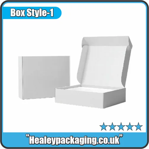 White mailer box with open flap showing sturdy internal space for product packing