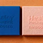 Embossed and debossed printing comparison on textured blue and peach packaging panels by Healey Packaging.