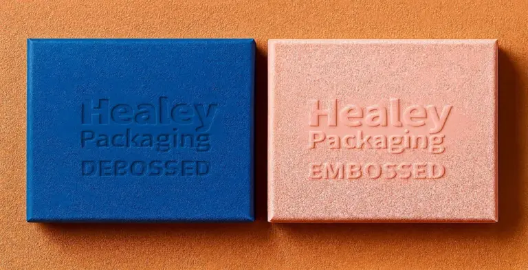 Embossed and debossed printing comparison on textured blue and peach packaging panels by Healey Packaging.