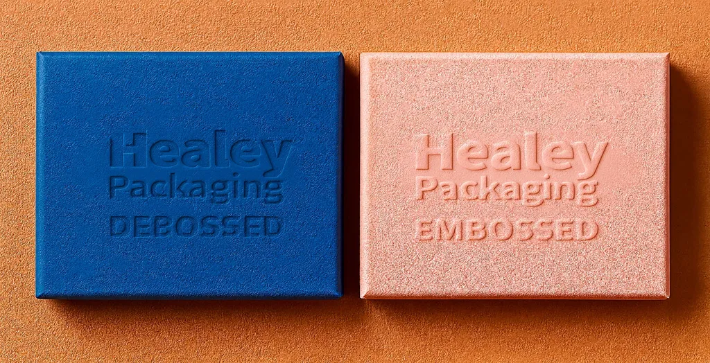 Embossed and debossed printing comparison on textured blue and peach packaging panels by Healey Packaging.