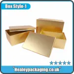 Luxury gold foil rigid gift boxes shown open and closed for premium product presentation